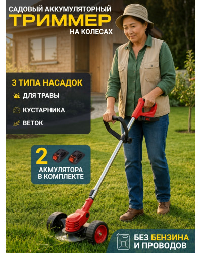 Аккумуляторный триммер на колёсах для газона и сада